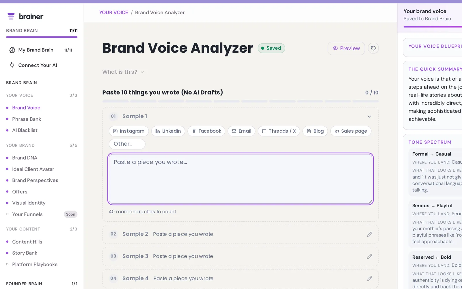 Brainer Brand Voice screen with a saved voice blueprint